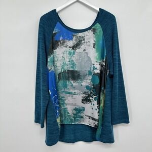 Bobeau Sweater Womens 1X Blue Green Abstract Print Long Sleeve Pullover Made USA